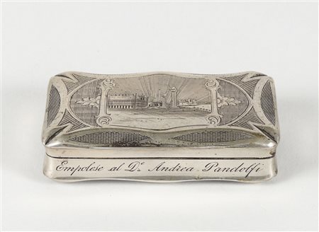 TABACCHIERA IN ARGENTO Francia, 1860 circa coperchio cesellato con veduta del...