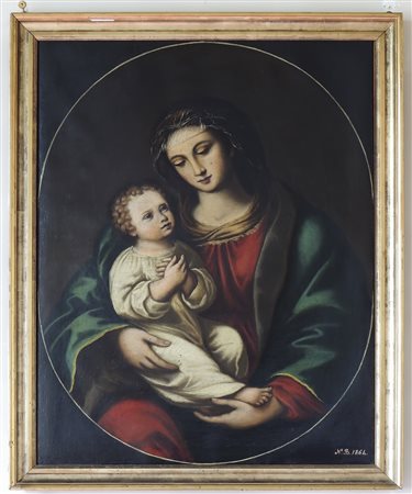 SCUOLA TOSCANA DEL XIX SECOLO Madonna con Bambino olio su tela siglato e...