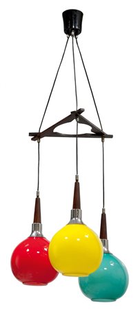 PRODUZIONE ITALIANA Lampadario con struttura in legno di teak e tre diffusori...