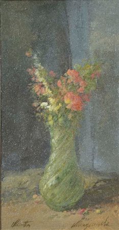 MASSAGRANDE MATTEO Padova 1959 Vaso di fiori olio su tavola 50x26 firma in basso