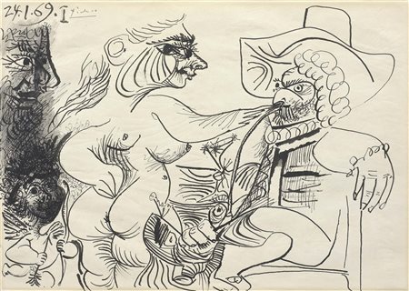 Pablo Picasso Malaga 1881 - Mougins 1973 Nu, homme a la pipe et amour, 1969...