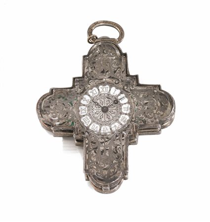 CROCE-OROLOGIO PENDENTE, FRERES REY A GENEVE, 1830 CIRCA, IN ARGENTO, SMALTI...