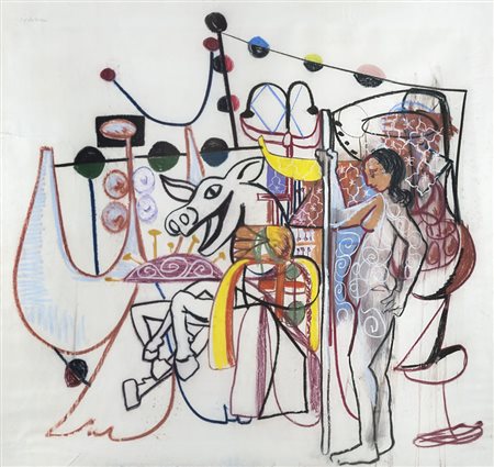 George Condo (Concord 1957) - "Senza titolo" 1993 tecnica mista su carta, cm...