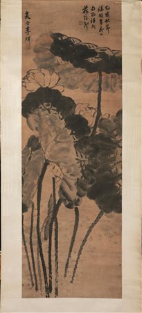 DIPINTO CINA SEC. XIX su carta raffigurante fiori, cm 116x39 A flower 19th...