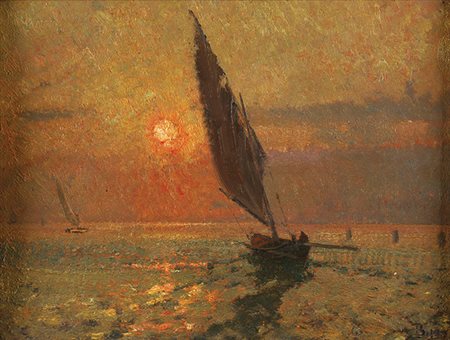 BEPPE CIARDI Venezia 1875 – Treviso 1932 Vele al tramonto Olio su tavola, cm...