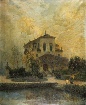 CAMILLO BORTOLUZZI Treviso 1868 – Dolo 1933 Villa palladiana con laghetto e...