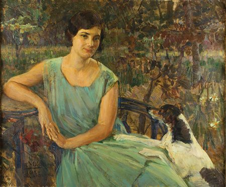 ALESSANDRO MILESI Venezia 1856 - 1945 Ritratto di donna in verde, 1928 Olio...