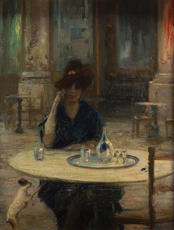 CAMILLO BORTOLUZZI Treviso 1868 – Dolo 1933 Donna con cappello al caffè Olio...