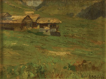 ALESSANDRO MILESI Venezia 1856 - 1945 Paesaggio montano con cascina Olio su...