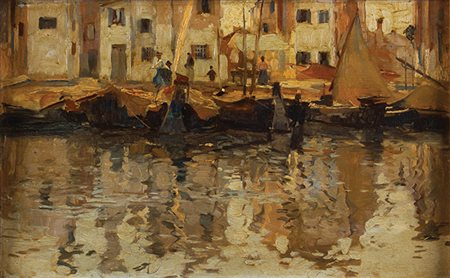 CAMILLO BORTOLUZZI Treviso 1868 – Dolo 1933 Porticciolo, 1900 ca. Olio su...