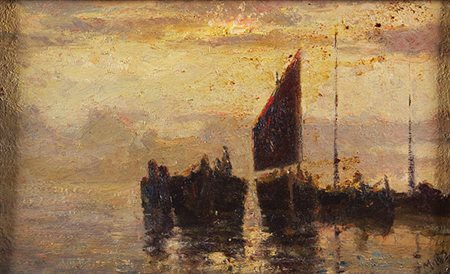 NELLO MOTTA Venezia 1901 - 1986 La pesca Olio su tavoletta, cm 21 x 34 Non...