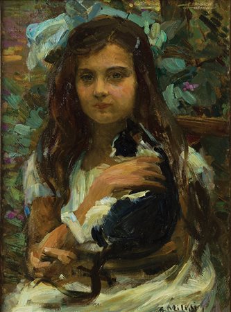 ALESSANDRO MILESI Venezia 1856 - 1945 Ritratto di ragazza con gatto, 1910...