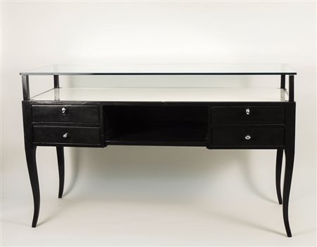 TAVOLO CONSOLE IN LEGNO LACCATO NERO piano rialzato in cristallo e sottopiano...