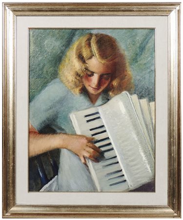 GAETANO SPINELLI (1887-1945) Ritratto di ragazza con fisarmonica olio su...