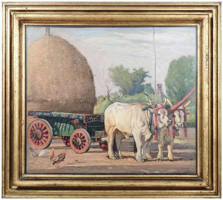 GIULIO CESARE VINZIO (1881-1940) Carro con buoi olio su tavoletta, firmato,...