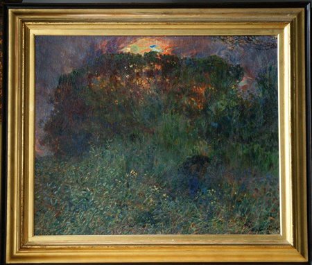 PLINIO NOMELLINI (1866-1943) Paesaggio boschivo con figure 1922 olio su tela,...