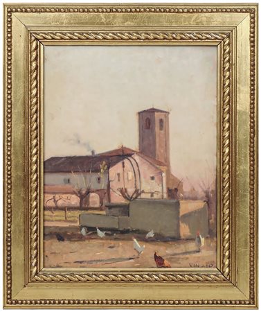 GIULIO CESARE VINZIO (1881-1940) Paesaggio di campagna con scorcio di chiesa...