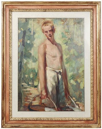 GAETANO SPINELLI (1887-1945) Fanciullo al pozzo olio su tavoletta, in...