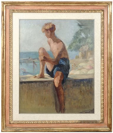 GAETANO SPINELLI (1887-1945) Fanciullo al mare olio su tela, firmato, in...