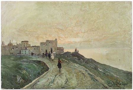 PAESAGGIO AL TRAMONTO CON FIGURE olio su tela, firmato Di Stefano cm 59,5x90...