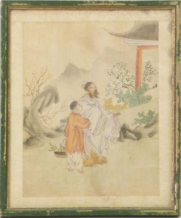 PAESAGGIO ORIENTALE CON PERSONAGGI acquerello e china su carta, in cornice cm...