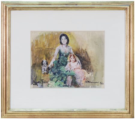 CIPRIANO MANNUCCI (1882-1970) Mamma con bambina e cagnolino 1963 acquerello...