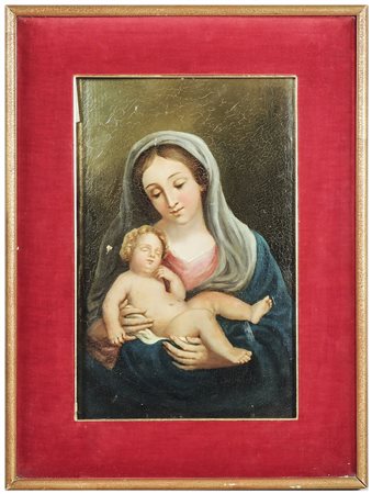 SCUOLA BOLOGNESE DEL XIX SECOLO Madonna con Bambino olio su carta applicata a...