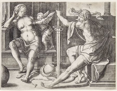 LUCAS VAN LEYDEN (1494-1533) Marte, Venere e Cupido incisione, in cornice mm...