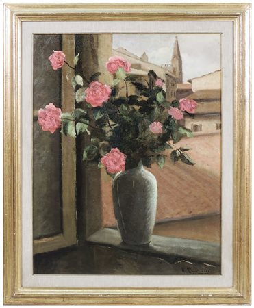 UMBERTO MAESTRUCCI (1897-1952) Vaso con fiori alla finestra con veduta di...