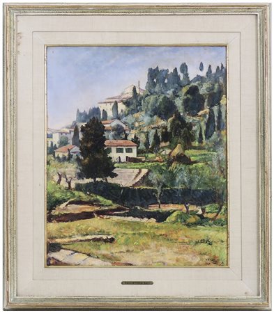 BACCIO MARIA BACCI (1888-1974) Veduta di Fiesole 1961 olio su cartone,...