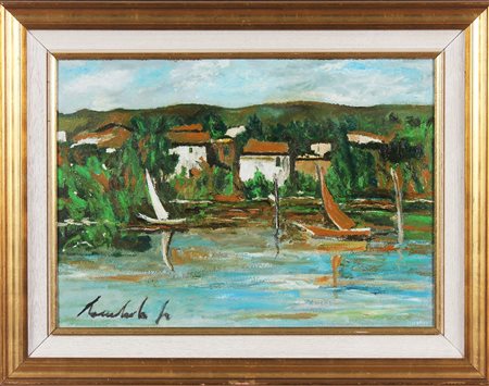 LAMBERTI LAMBERTO (1925 - 2003) Paesaggio con lago. Olio su tavola. Cm 70,00...