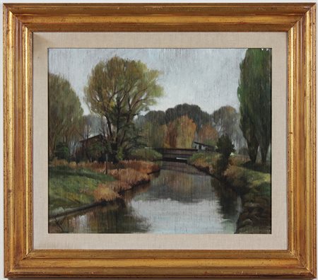 FORNONI ALDO (1916 - 2011) Paesaggio con fiume. Olio su tela . Cm 60,00 x...
