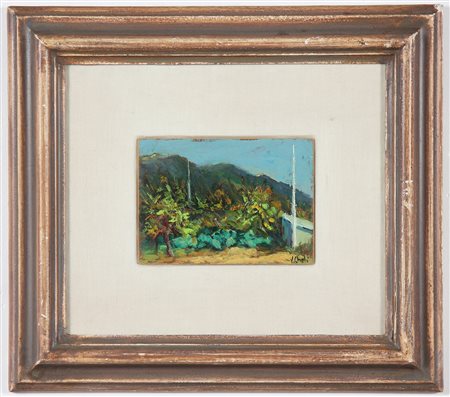 CHELI VALERIO (n. 1923) Paesaggio. Olio su cartone. Cm 14,00 x 10,20. Firma...