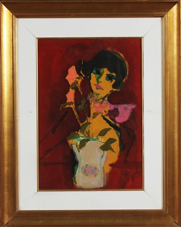 BORSATO RENATO (n. 1927) Fugura con rose. Olio su tela . Cm 35,00 x 50,00....