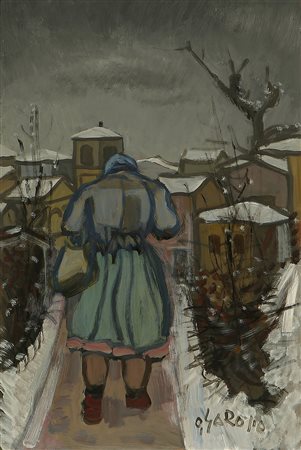 GAROSIO OTTORINO (1904 - 1980) Donna d'inverno. Olio su faesite. Cm 40,00 x...