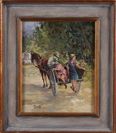 LANDI ANGELO (1879 - 1944) Bambini sul carretto. Olio su tela . Cm 35,00 x...