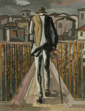 GAROSIO OTTORINO (1904 - 1980) Uomo al ponte. Olio su faesite. Cm 64,00 x 84,00.