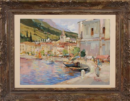 LANDI ANGELO (1879 - 1944) Porto di Toscolano. Olio su cartone. Cm 54,00 x...