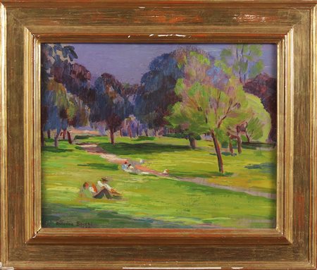 BOCCHI AMEDEO (1883 - 1976) Pomeriggio nel parco. 1958. Olio su tavola. Cm...