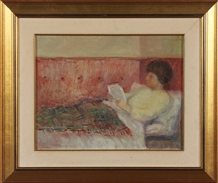 BIANCHI LUIGI (1911 - 1994) La lettura. Olio su tavola. Cm 44,00 x 36,00....