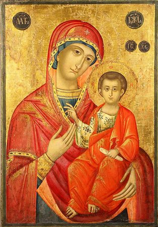 Scuola italiana del XIX secolo, "Madonna con bambino", fondo oro, tecnica...