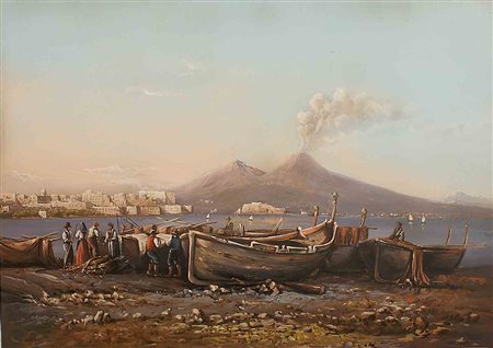 Scuola napoletana del XIX secolo, "Scorcio di Napoli con lo sfondo del...