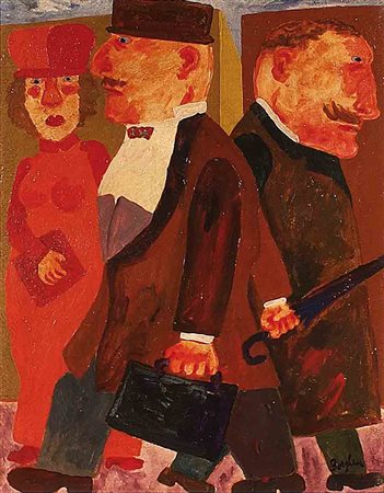 Franz Borghese (Roma 1941 - 2005), "Tre personaggi", olio su tela, cm. 50x40,...