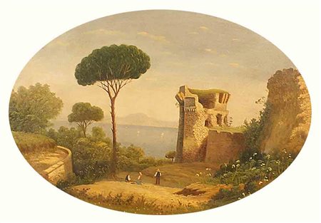 Scuola napoletana del XX secolo, "Scorcio con rovine e sfondo di Vesuvio",...