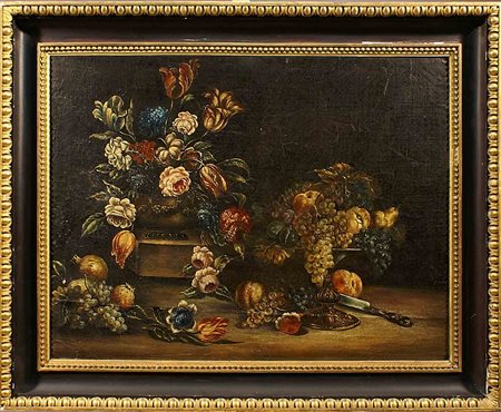 Scuola romana del XIX secolo, "Natura morta di fiori e frutta", olio su tela,...