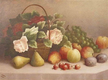 E. Oke (XX secolo), "Natura morta di frutta con cesto di fiori", olio su...