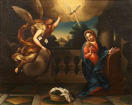 Scuola romana del XIX secolo, "Annunciazione", olio su tela, cm. 40x50.