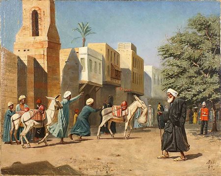 A. Pohl (attivo nel XIX secolo) "Scorcio del Cairo", olio su tela, cm. 42x53,...