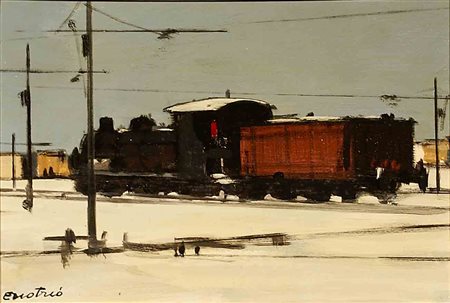 Enotrio Pugliese (Buenos Aires 1920 - Pizzo Calabro 1989), "Treno", olio su...