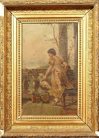 R. Rocco (XX secolo), "Donna al balcone", olio su tela, cm. 29x18, firmato in...